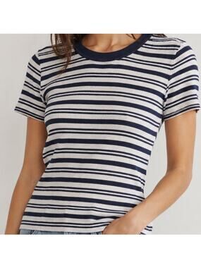 James Perse Linen Blend Ribbed Stripe Tee Navy White Size 4 Minimalist Designer